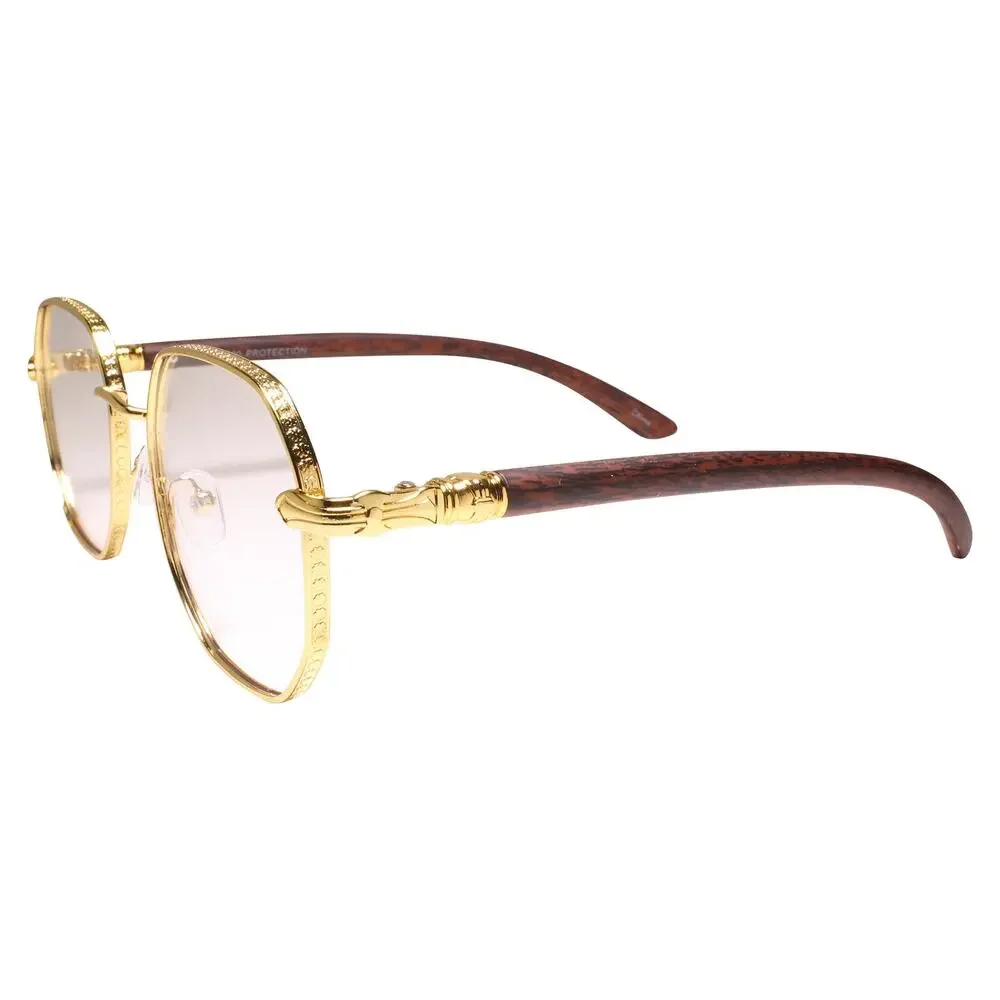 Gold Elegant Ornate Frame Faux Wood Temple Square Clear Lens Glasses